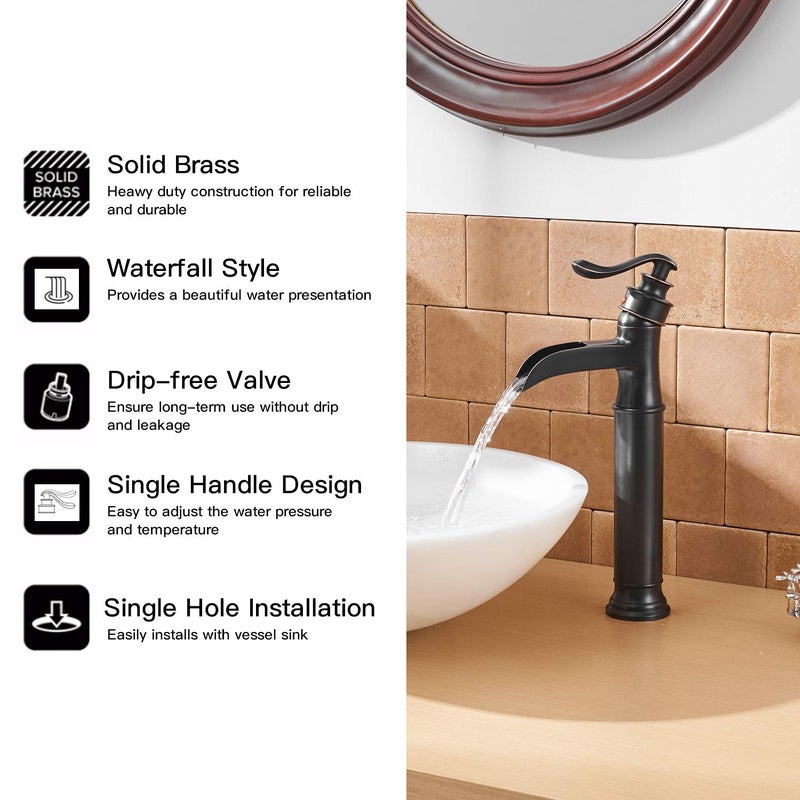 BWE Bronze Vessel Sink Faucet Waterfall Single Handle Bathroom Faucet One Hole Tall Body Vanity Faucets with Faucet Supply Hose Deck Mount,Oil Rubbed Bronze - Image 3
